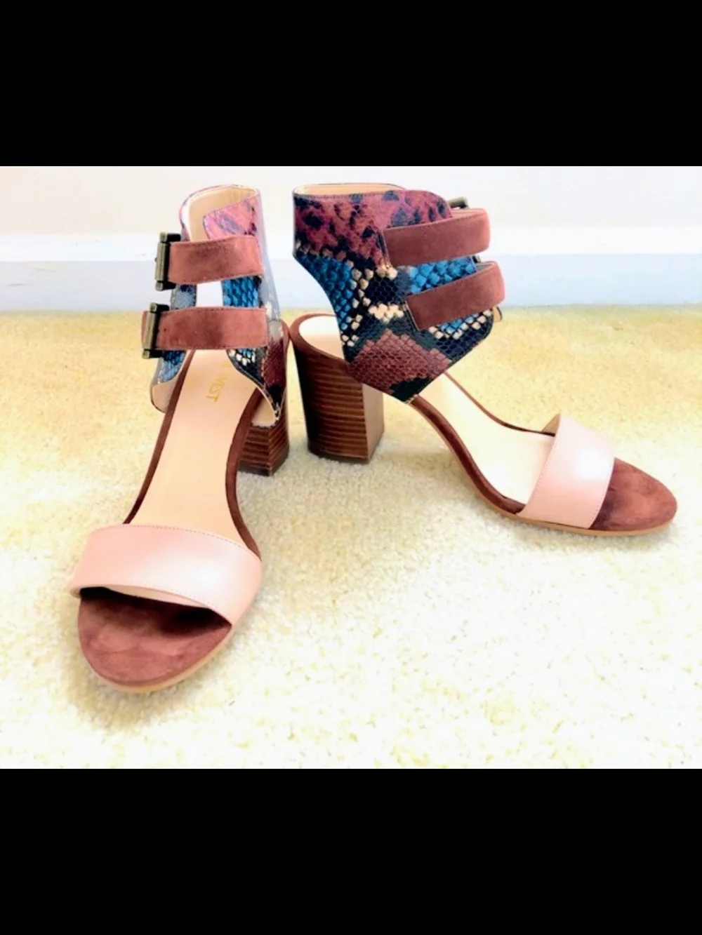 Nine West Pink and Multi Snakeskin Block Heel Sandals